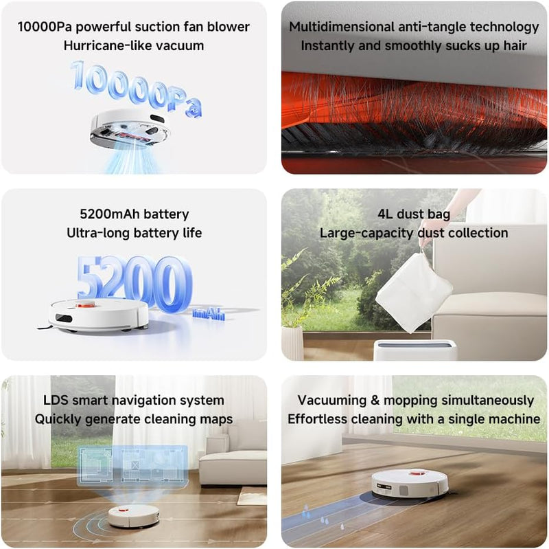Xiaomi Robot Vacuum H40, 10000Pa powerful suction, LDS Navigation, Smart Mapping, Anti-tangle brush, Auto Dust Emptying, 180min Runtime, Works with Xiaomi Home App, Voice Control