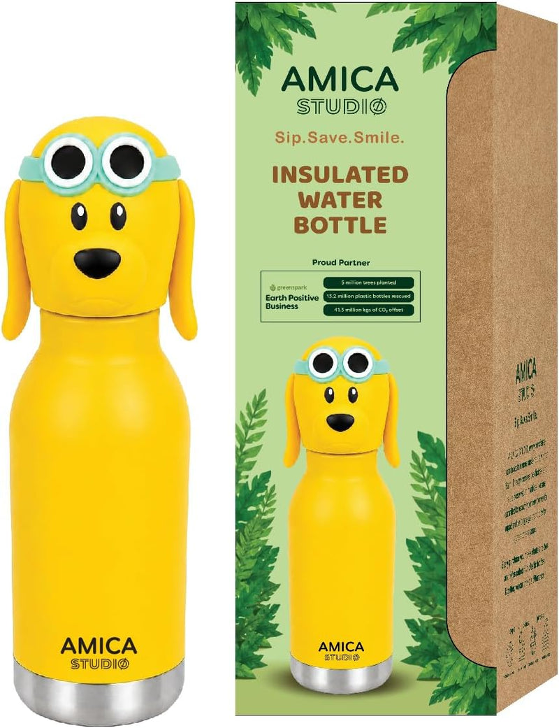 Kids Water Bottle 460ml Insulated Stainless Steel - AMICA STUDIO (Dexter Dog)