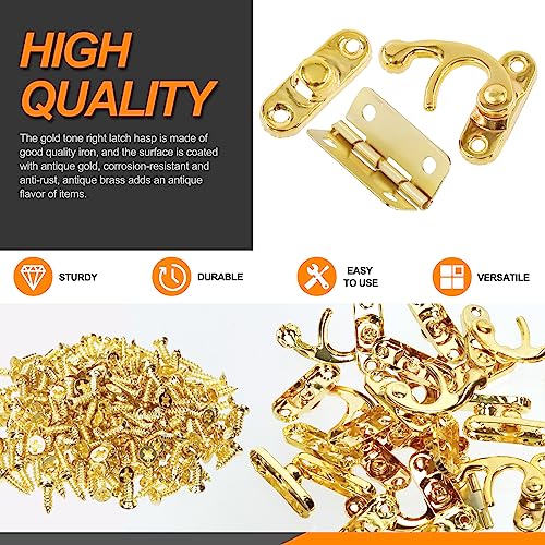 Rustark 20 Sets Gold Antique Small Box Hinges Right Latch Hook Hasp Horn Lock Jewelry Box Hardware Antique Brass Latch Hook Clasp Mini Hinges for DIY Crafts Jewelry Wooden Box