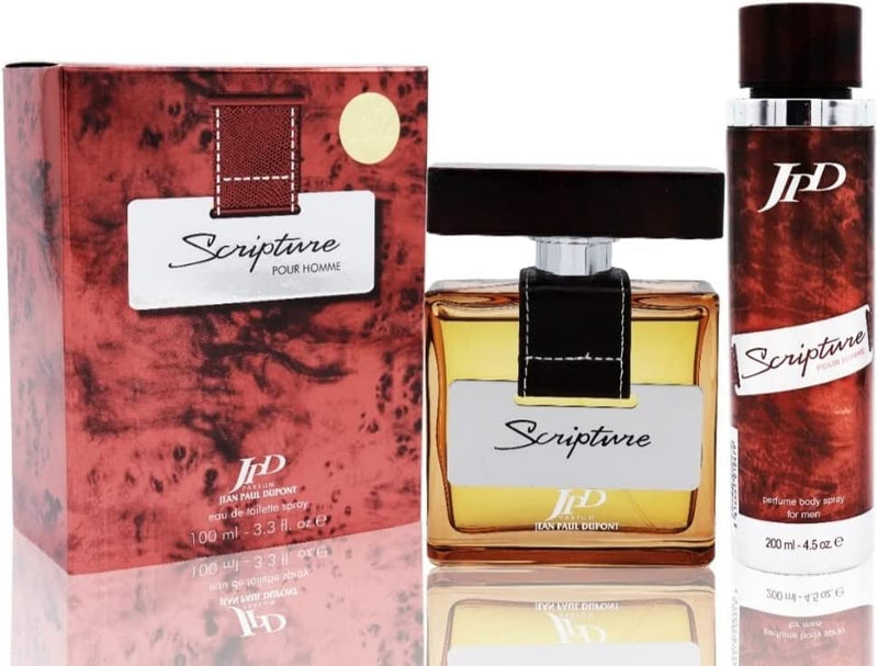Jean Paul Dupont (JPD) Scripture Pour Homme - 2 Pieces Promo Pack for Men - Eau de Toilette 100ml + Body Spray 200ml - Gift for Him - Perfume Gift Set - Fresh and Spicy notes