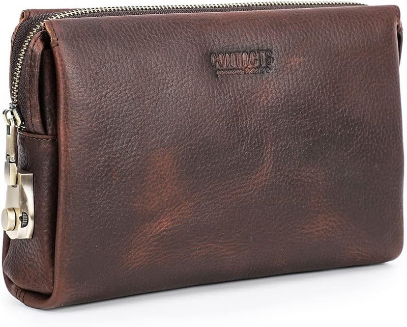 Leather Men Clutch Purse Bag, Mens Business Code Lock Wallet Anti Theft Clutch Phone Holder Handbag Travel - Coffee