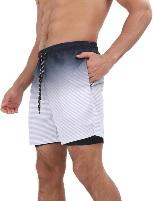 Mens Swim Trunks with Compression Liner 2 in 1 Quick Dry Beach Swimming Trunks Swim Shorts with Zipper Pockets