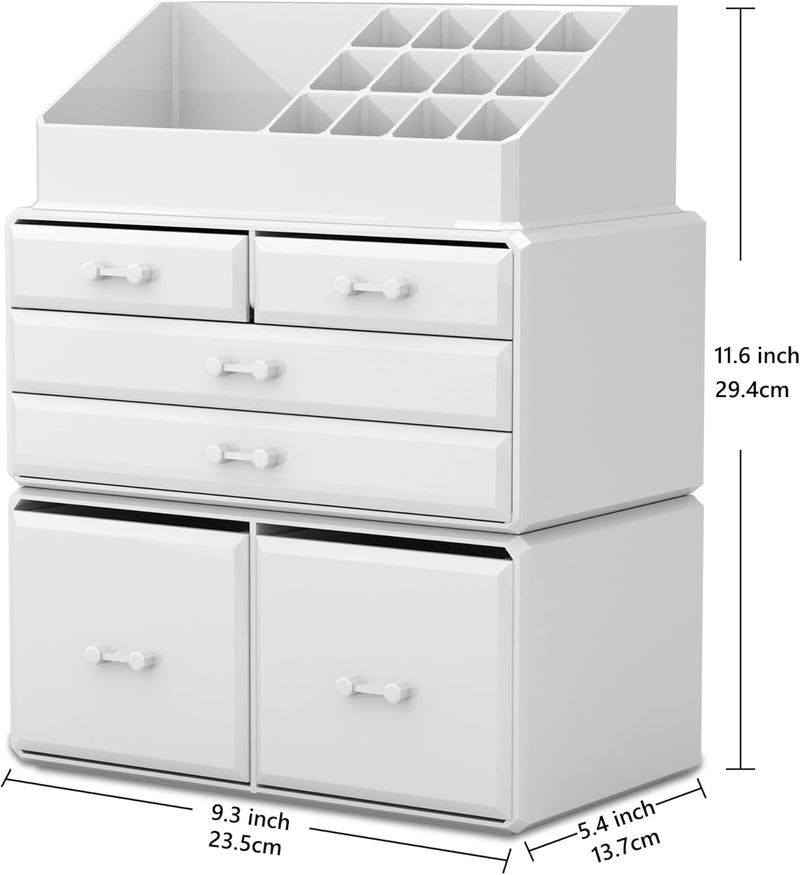 READAEER Makeup Cosmetic Organiser Storage Drawers Display Boxes Case with 6 Drawers, 3 Pieces, Freely Combined and Stacked. - White