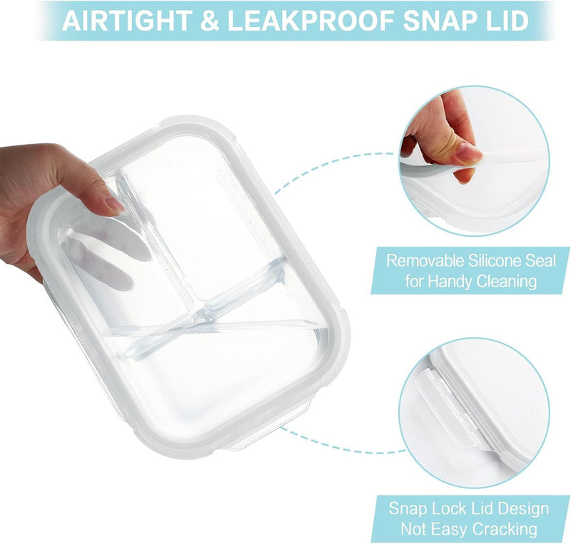 6-Pack Meal Prep Container Set,Glass Food Storage Containers,2 & 3 Compartments 32 oz, Airtight Glass Container with Lids, BPA-Free,Perfect for Kitchen Storage,Microwave,Freezer & Dishwasher - Clear-6 Pack
