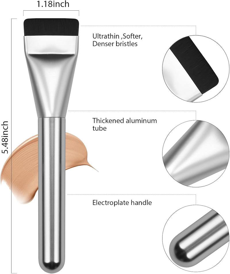 BEAUTYFACTOR Flat Foundation Brush,Korean Makeup Brush Spatula Facial Brush for Liquid Foundation,Premium Face Makeup Brush for Blending Cream (Silver)