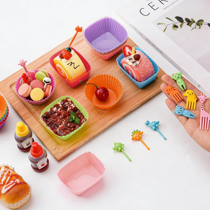 74 Pcs silicone meal box divider set, silicone cupcake mold, reusable lunch bento box accessories with animal-shaped food forks