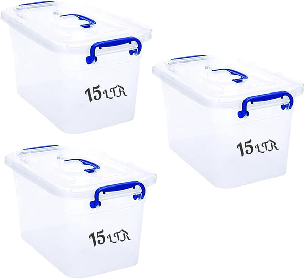 15L 3 Pc set Clear Plastic Storage Boxes with Lockable Lids Transparent Organizer Containers for Clothes, Toys, Tools, Arts & Crafts Stackable Storage Solution with Handles (3 x 15L)