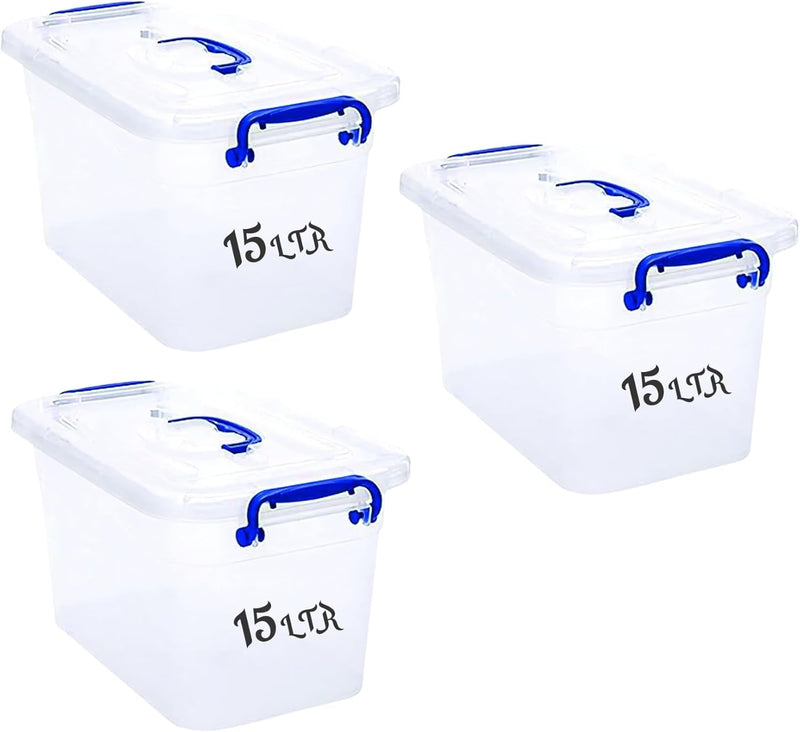 15L 3 Pc set Clear Plastic Storage Boxes with Lockable Lids Transparent Organizer Containers for Clothes, Toys, Tools, Arts & Crafts Stackable Storage Solution with Handles (3 x 15L)