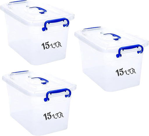 15L 3 Pc set Clear Plastic Storage Boxes with Lockable Lids Transparent Organizer Containers for Clothes, Toys, Tools, Arts & Crafts Stackable Storage Solution with Handles (3 x 15L)