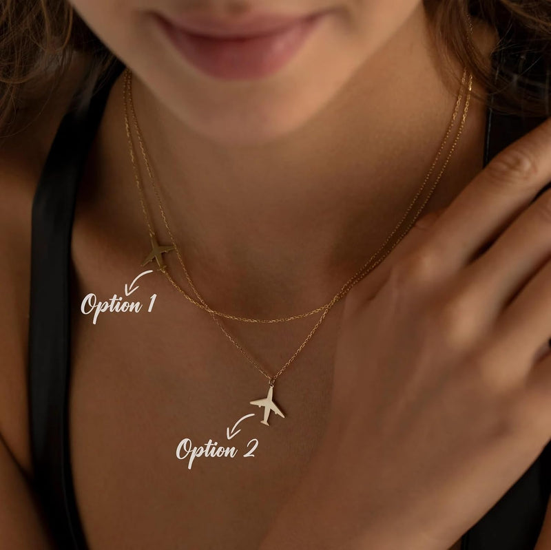 Layered Necklace for Women, 14k Gold Plated Layering Herringbone Necklace Double Layer Snake Chain Necklace Set Gold Chunky Thick Chain Choker Necklace Gifts for Women - Airplane Pendant-GD