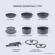 Tefal Ingenio Essentials Cookware Set with Detachable/Removable Handle 11 Piece, Granite Titanium Non Stick, Induction, Oven Broiler Safe 500F, Stackable, Pots and Pans Set, RV Camping, Fry Pans Gray - Detachable Handle Induction