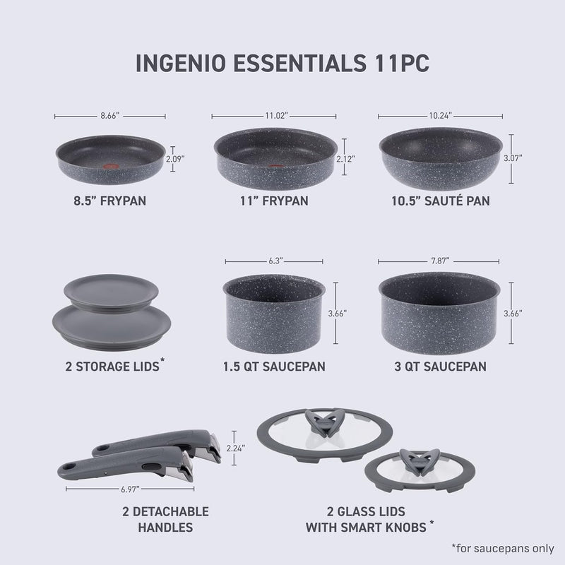 Tefal Ingenio Essentials Cookware Set with Detachable/Removable Handle 11 Piece, Granite Titanium Non Stick, Induction, Oven Broiler Safe 500F, Stackable, Pots and Pans Set, RV Camping, Fry Pans Gray - Detachable Handle Induction