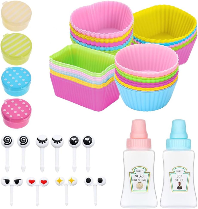 56 PCS Silicone Lunch Box Divider Set, Reusable Bento Accessories, Silicone Cupcake Liners for Baking
