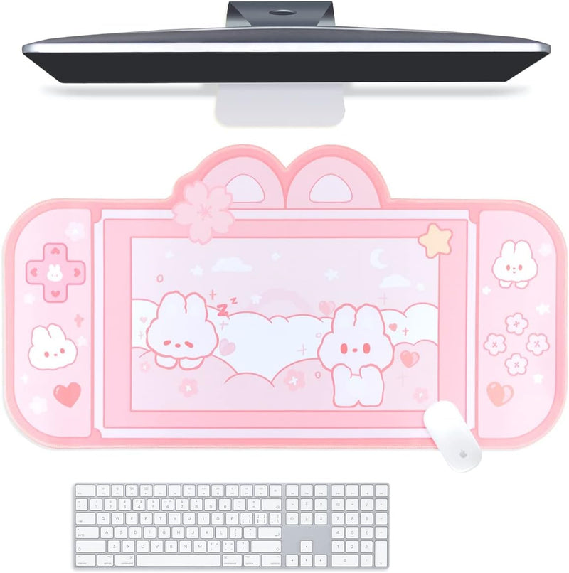 BelugaDesign Bunny Desk Pad | NS Switch Keyboard Gaming Mat Large Mat Mousepad | Pastel Pink Animal Kawaii Cute Anime Desk Blotter Protector (Pink Rabbit, Large)