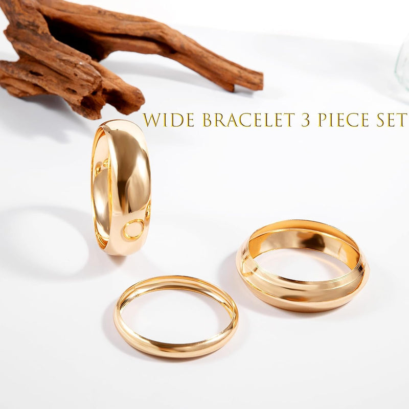 3 Pcs Set Chunky Gold Bangles for Women - Wide Stackable Statement Bracelets, Fashionable Gold Tone Cuff Bangles, Trendy Wrist Jewelry for Everyday & Gifts