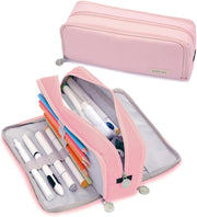Pencil Case, Large Capacity Aesthetic Pencil Pouch with Durable Zipper, Marker Pen Case for Women & Men, Adults Portable Storage Organizer Bag for College, Office, Travel (Blue) - Pink