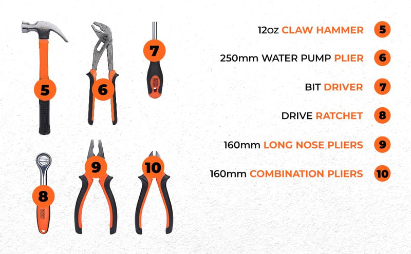 Black & Decker 126 Pieces Hand Tool Kit In Kitbox For Home Diy & Professional USe, Orange/Black - Bmt126C, 2 Years Warranty