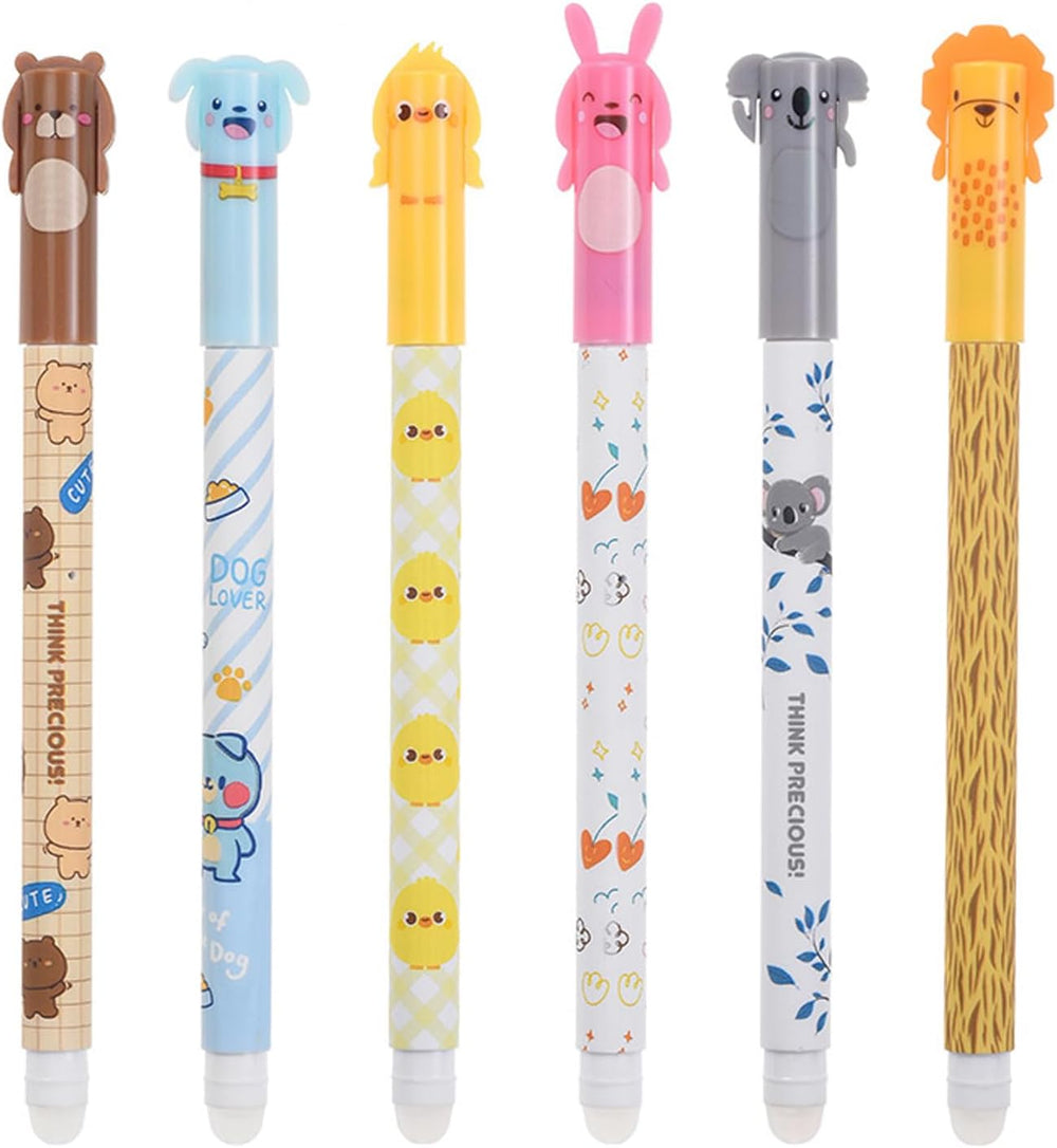 Erasable Gel Pen,6 Pcs 0.5mm Black Erasable Writing Pens,Cute Cartoon Animal Rub Out Gel Pens with Erasers,Great for School Supplies and Office Stationery