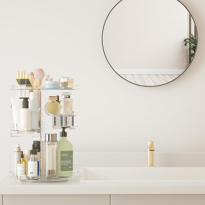 AWH 360° Rotating Makeup Organizer – Clear Acrylic Spinning Storage Display for Cosmetics, Skincare, Perfume, Beauty Essentials & Toiletries – Space-Saving Vanity & Bathroom Organizer