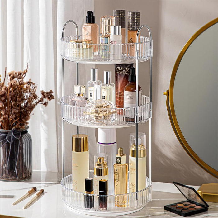 LENDIS Rotating Makeup Organizer Dressing Table 3 Tiers, Large Capacity Skin Care Transparent Makeup Storage Perfume Organizer Makeup Dresser Organizer Countertop 360 Rotation (Gray)