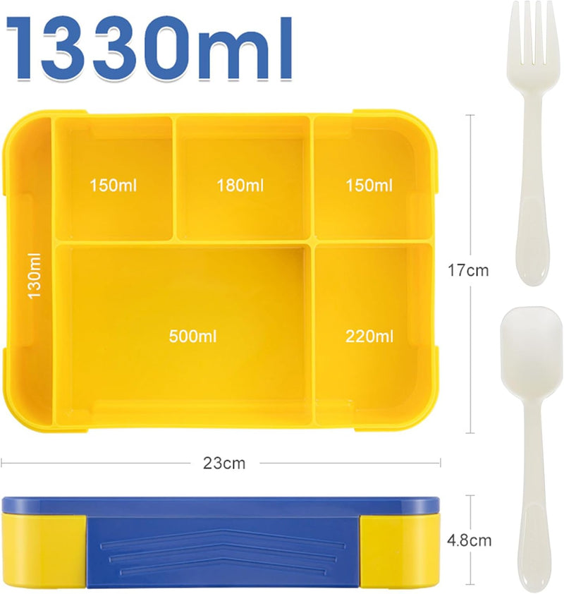 Bento Lunch Box Kids, 1330ml Lunch Box with 5 Compartments and 1 Salad Dressing Containers, Food Storage Container BPA Free Leak-Proof Bento Boxes Food Snack Salad Boxes (Pink) - Pink