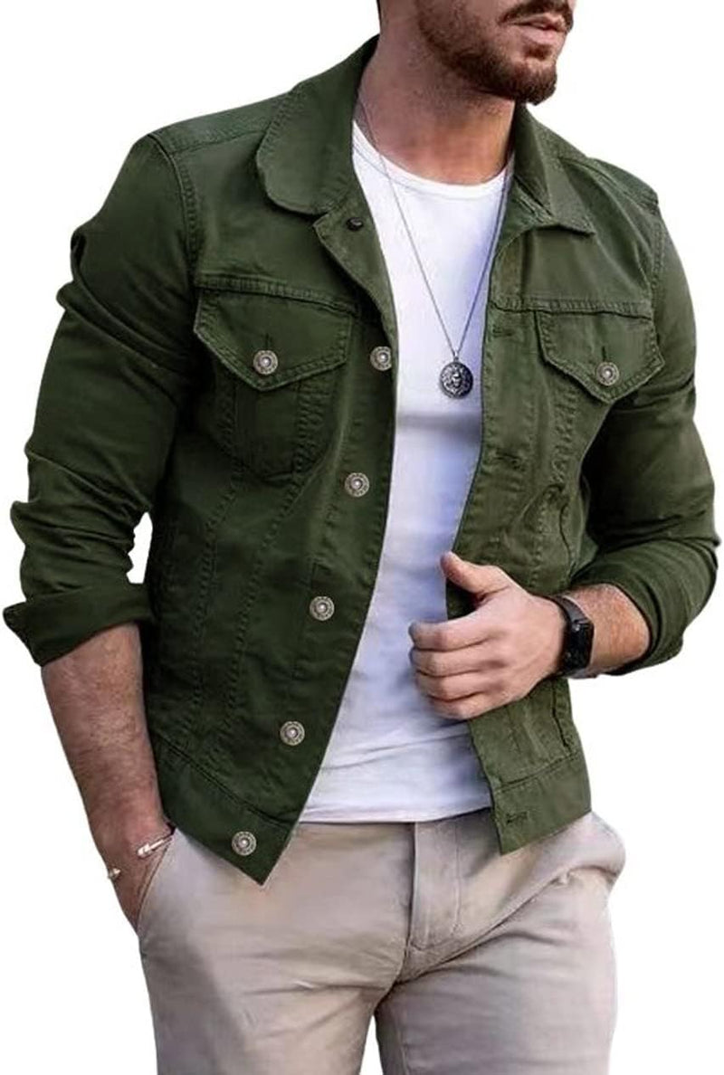 Men's Denim Jacket Casual Regular Fit Button Down Long Sleeve Jean Trucker Jacket - Army Green