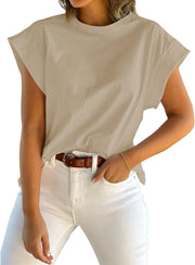 Womens Summer Cap Sleeve Tank Top Crew Neck Solid Casual Loose Fit Basic Tee Shirt - Khaki