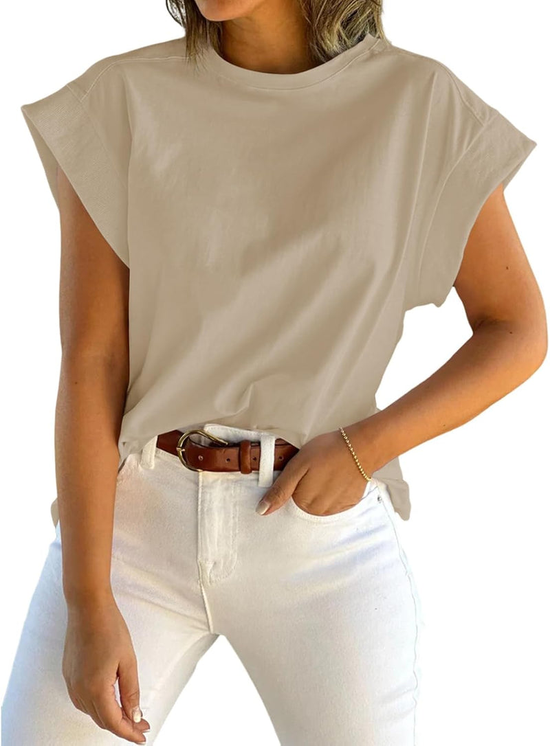 Womens Summer Cap Sleeve Tank Top Crew Neck Solid Casual Loose Fit Basic Tee Shirt - Khaki
