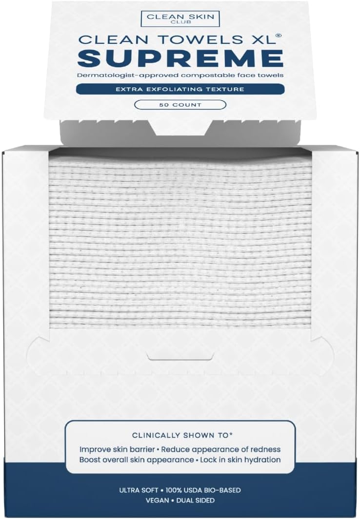 CLEAN SKIN CLUB CSC CT Clean Towels XL/World's First Biodegradable Face Towel/Disposable Makeup Removal Wipes/Super Soft 50 Count Single BoxWhite