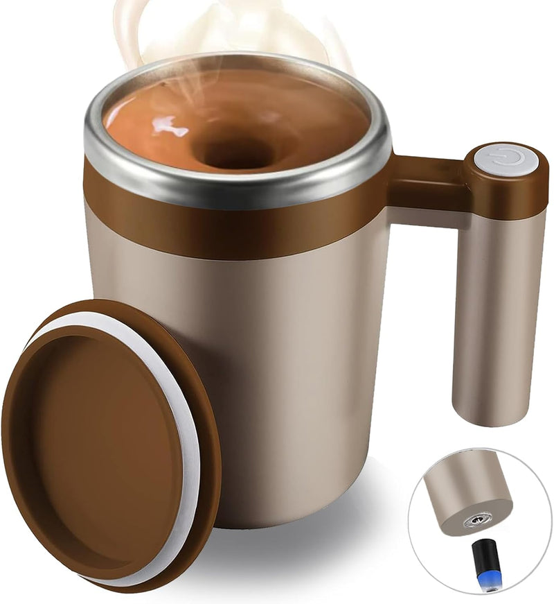 Self Stirring Mug,Rechargeable Auto Magnetic Coffee Mug with 2Pc Stir Bar,Waterproof Automatic Mixing Cup for Milk/Cocoa at Office/Kitchen/Travel 14oz Best Gift - Brown - Coffee