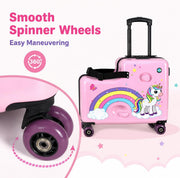 Kids Ride On Suitcase for Girls, Pink Unicorn Toddler Travel Luggage, Carry On Friendly Rideable Trolley Case with Seat, Pull Strap and Wheels, for Ages 2-6, Up to 80 lb