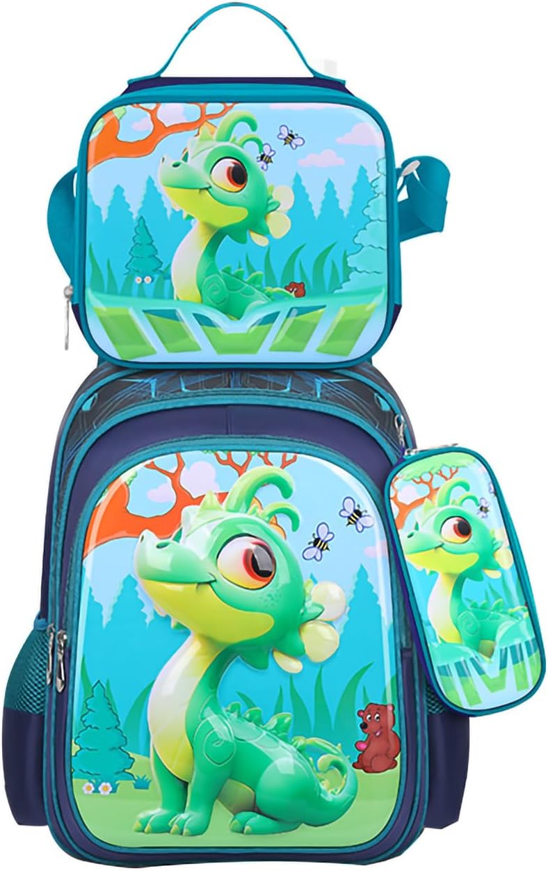 3PCS Kids Backpack for Boys Girls, 16 Inch Water Resistant Bookbag & Lunch Box & Pencil Case for Preschool Kindergarten Primary Junior Elementary School Teen Students (6-12 Age) - A-Dinosaur