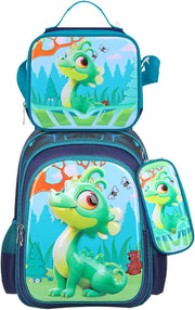 3PCS Kids Backpack for Boys Girls, 16 Inch Water Resistant Bookbag & Lunch Box & Pencil Case for Preschool Kindergarten Primary Junior Elementary School Teen Students (6-12 Age) - A-Dinosaur