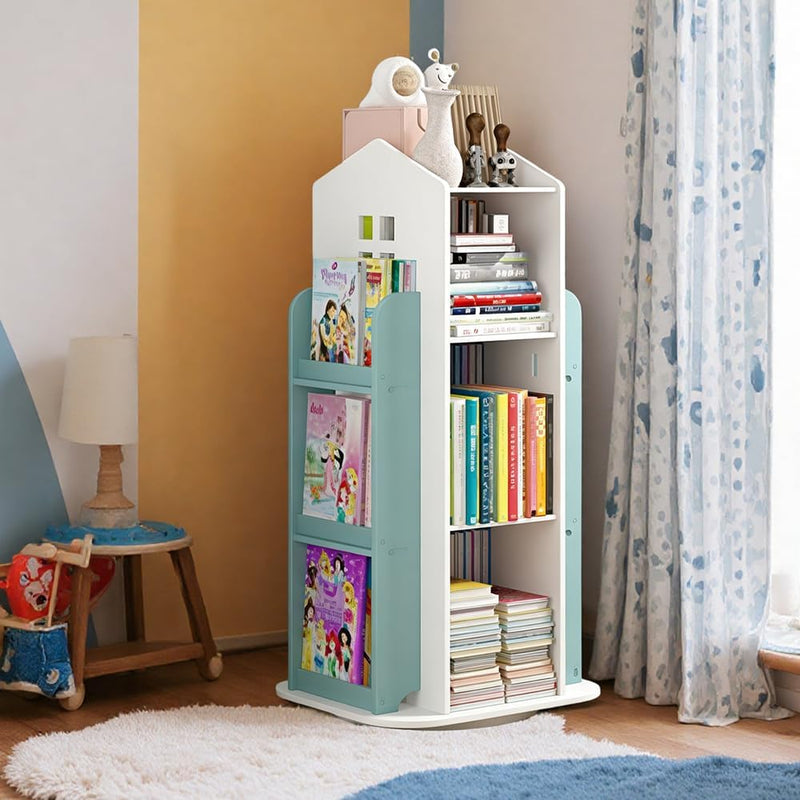 Kids Rotating Bookcase 360 Spin, 3-Tier Interactive Bookshelf for Children's Room, Playroom Corner, Floor Standing Organizer for Toys & Books, Living Room, Study (Green) - Green
