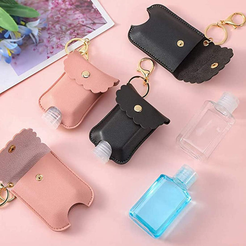 Khazna Portable Squeeze Bottle, Plastic Travel Bottle with Leather Keychain Holder for Hand Sanitizer, Essential Oil, Refillable Bottle Clips to Travel Bag (1 Pack Pink+1 Pack Black)