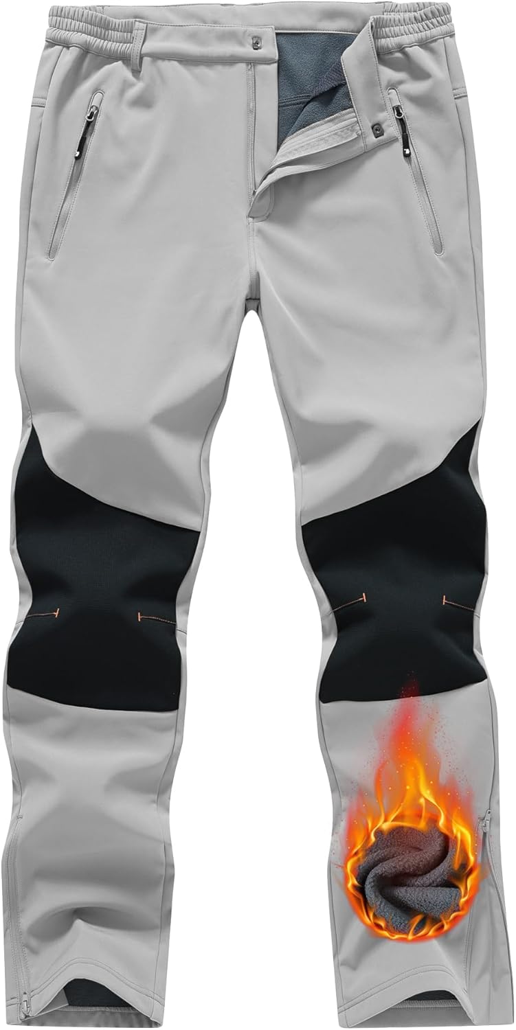 Men's Ski Snow Pants Waterproof Fleece Lined Insulated Softshell Snowboard Hiking Outdoor Zippers Bottom Leg - 7-light Grey