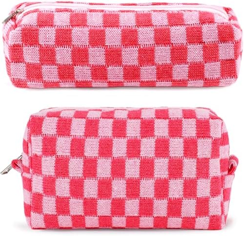ZLFSRQ 3Pcs Checkered Makeup Bag for Women Large Cosmetic Bag Set Travel Toiletry Bag Makeup Pouch Bag for Purse Pink Zipper Storage Bag Organizer Cute Small Aesthetic Girls Car Essentials Bag