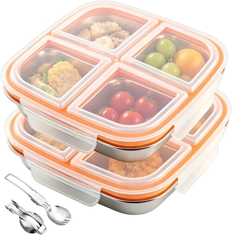 Snack Box with Compartments, 2 Pieces 600 ml Stainless Steel Lunch Box with 4 Compartments & Leak-proof Lid, Reusable Bento Box with 2 Spoons for Fruit, Vegetables, Meat, Sweets, Nuts