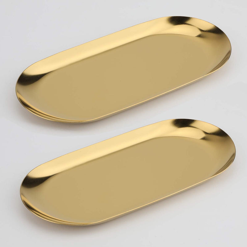 Fermus Stainless Steel Decorative Tray, Set of 2, 9 Inch Long, Jewelry Dish Cosmetics Organizer Bathroom Clutter Serving Platter Small Storage Tray, Oval, Gold
