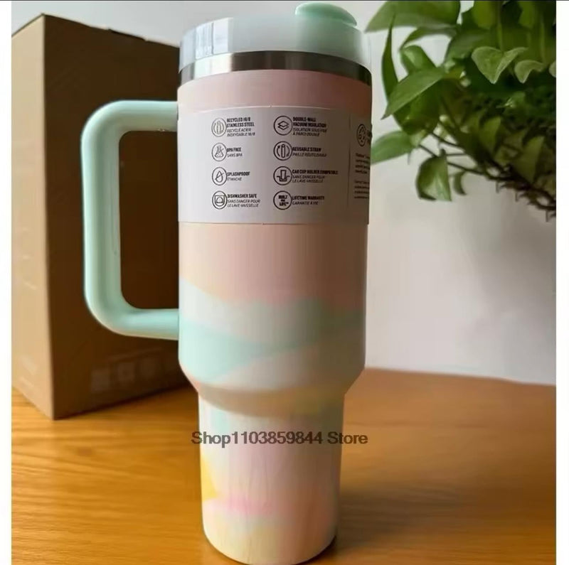 Quencher H2.0 FlowState Stainless Steel Vacuum Insulated Tumbler with Lid and Straw for Water, Iced Tea or Coffee, Smoothie and More, 40 oz (Rose Quartz) (Floral Blue)