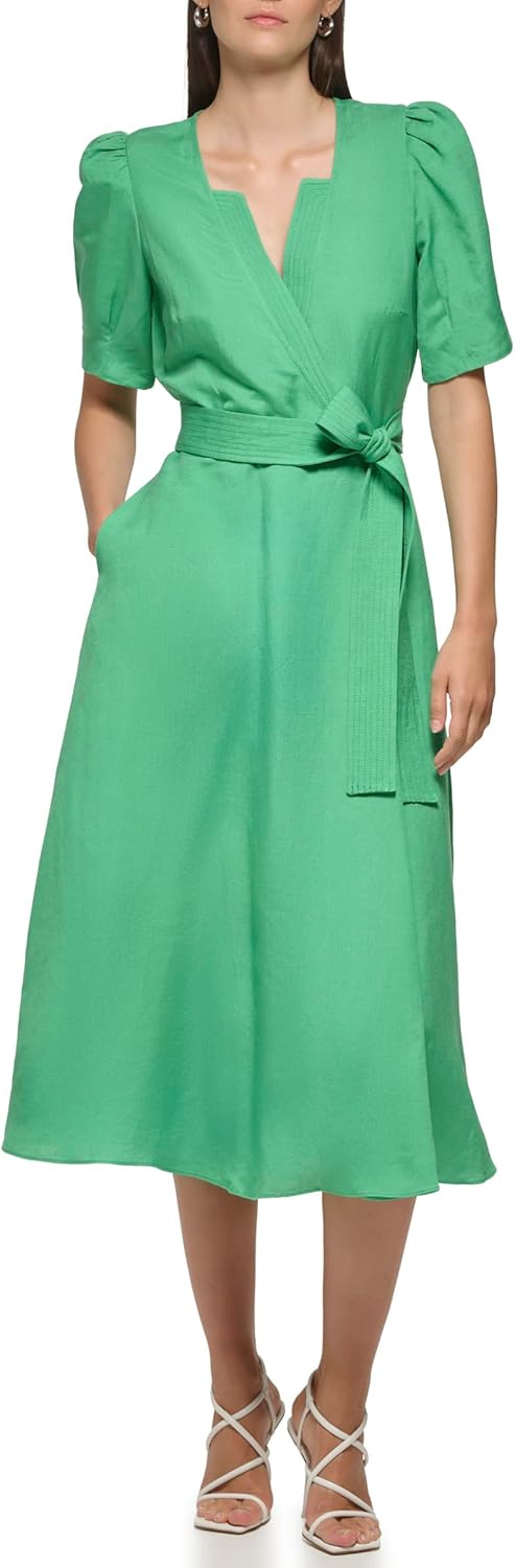 Women's Puff Sleeve Tie Midi Dress - Green