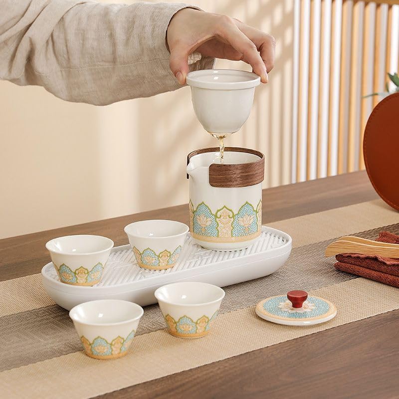 Chinese/Japanese Porcelain Tea Set, Black Kungfu Teapot Set with 1 Teapot, 4 Tea Cups, 1 Tea Tray,1 Tea Caddy, Suitable for Picnic and tTravel, for Adults, Tea Lover/Women/Men/Office/Home (White)