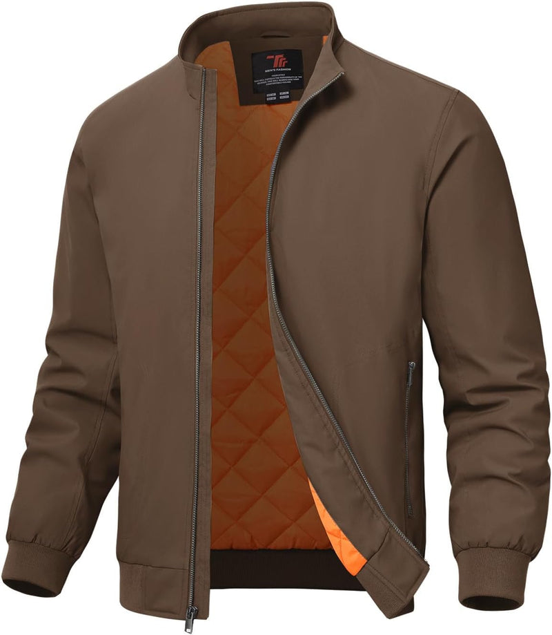 Men's Quilted Bomber Jacket, Casual Padded Winter and Fall Jacket, Full-Zip Windproof Work Coat - Dark Coffee