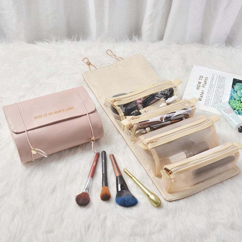 4 in 1 Travel Cosmetic Bag Roll-Up Toiletry Foldable Make Up Storage Bag for Skin Care Products, with 4 Detachable Zipper Pouches