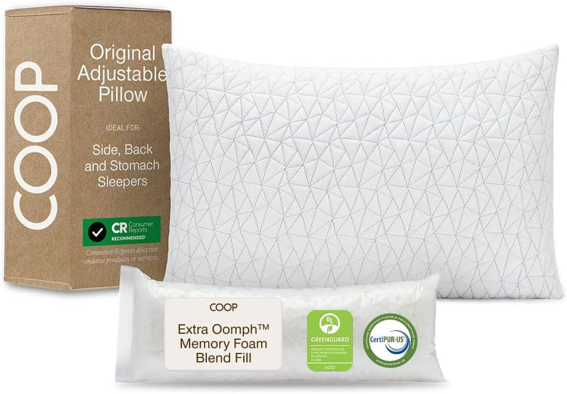 Coop Home Goods - Premium Adjustable Loft - Shredded Hypoallergenic Certipur Memory Foam Pillow with Washable Removable Cover - 20 x 30 - Queen Size - Original White Queen
