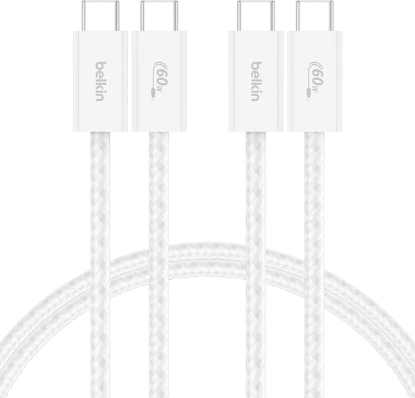 Belkin 2-Pack Braided USB-C to USB-C Cable 1.5m/5ft, 60W - Soft, Flexible Fast-Charging Cable, Type C Charger Cord for iPhone 17 & 16 Series, Galaxy S25, Pixel 9, iPad Pro, & More - Blue - White