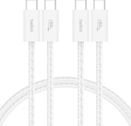 Belkin 2-Pack Braided USB-C to USB-C Cable 1.5m/5ft, 60W - Soft, Flexible Fast-Charging Cable, Type C Charger Cord for iPhone 17 & 16 Series, Galaxy S25, Pixel 9, iPad Pro, & More - Blue - White