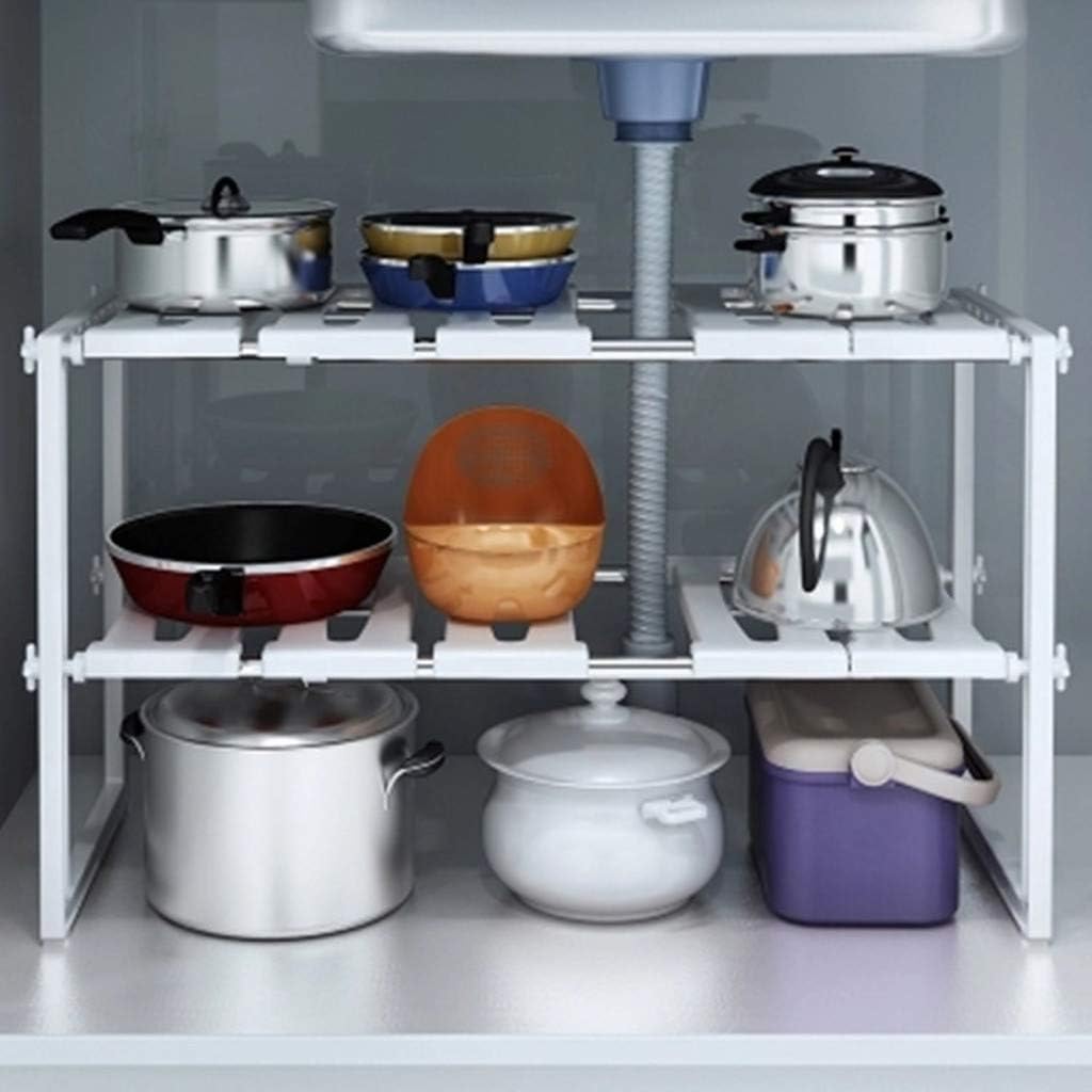 YumLock Kitchen Sink Dish Rack, Adjustable 2 Tier Under Shelf Storage Organize Rack Holder, White – image 1