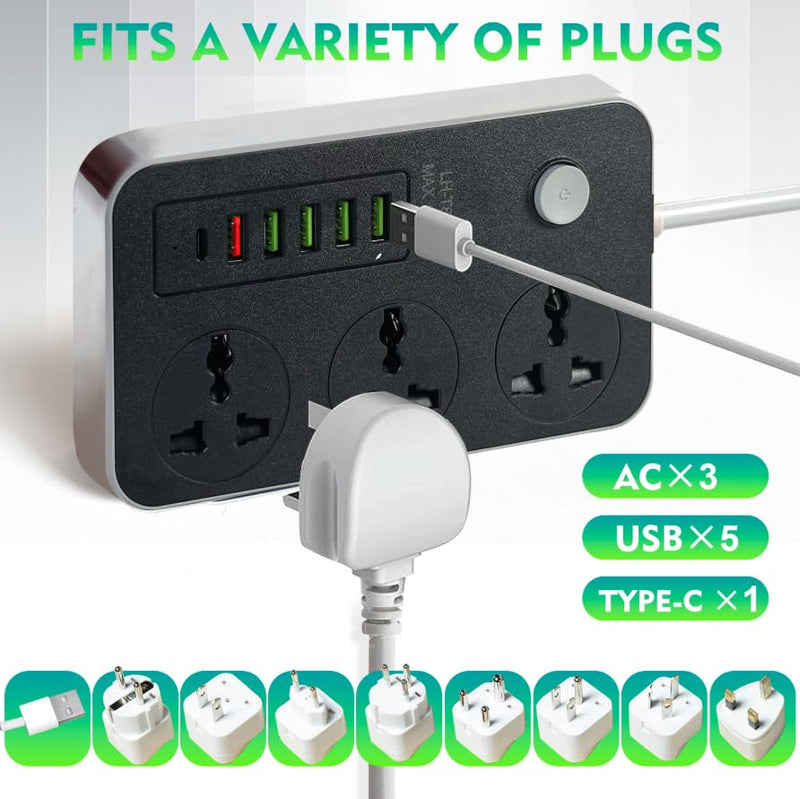 SKY-TOUCH Power Strips Extension Cords 3 Outlets, Universal Power Socket with 5 USB & 1 Type-C Ports, 2M Bold Extension Cord Plug Adapter for Home, Office, Kitchen