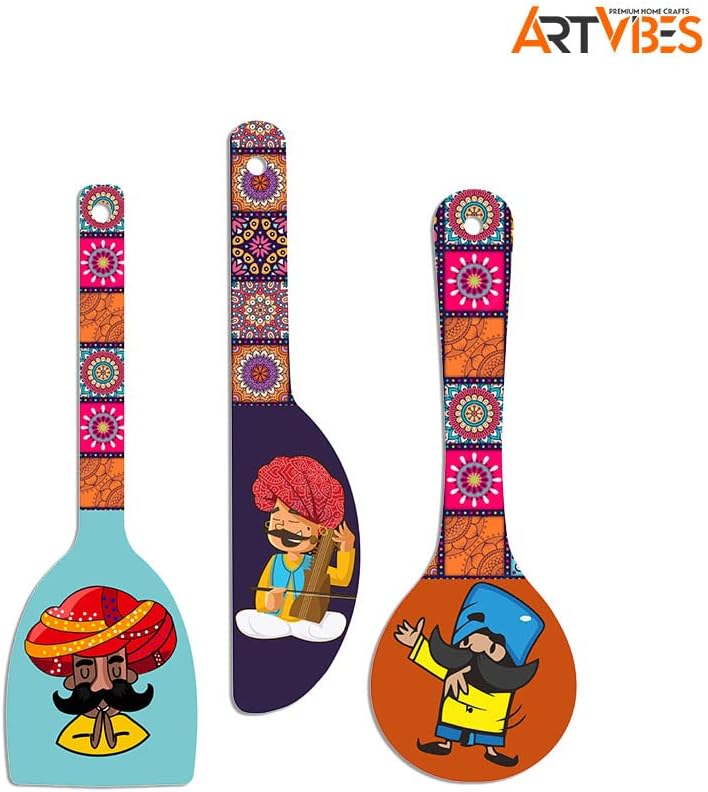Artvibes Rajasthani Culture Wooden Wall Hanger for Home | Office | Living Room | Gift | Modern Decoration Items | Kitchen Wall Decor | Home Decor Hanging Items (WH_5012N), Set of 3